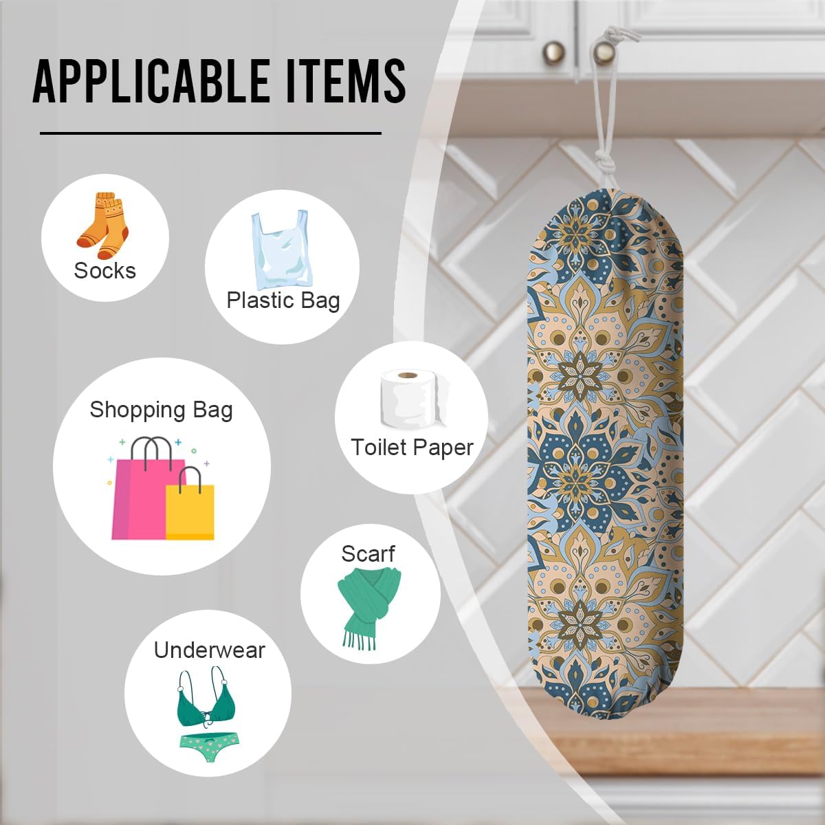 Gray Yellow Plastic Bags Holder, Reusable Fabric Grocery Bag Holder, Wall Mount Shopping Garbage Bags Carrier for Home, Kitchen, Travelling, Kitchen Pattern Garbage Bag 68