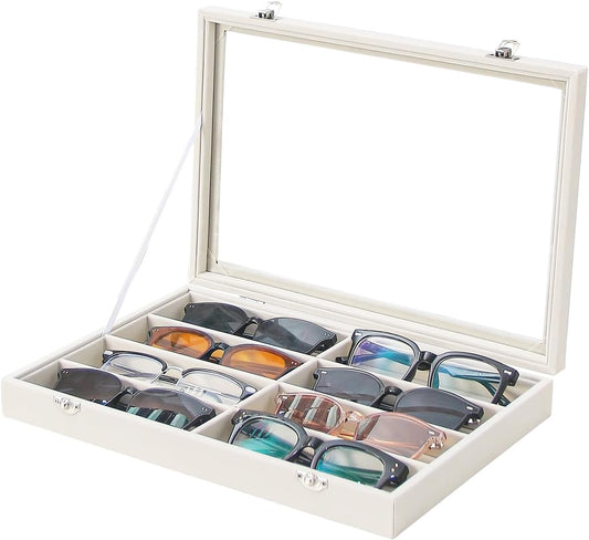 Coward Sunglass Organizer Tray Box, Beige Velvet Grids Eyeglasses Display Tray Case with Transparent Glass Lid for Home Use or Store Shop Selling Show