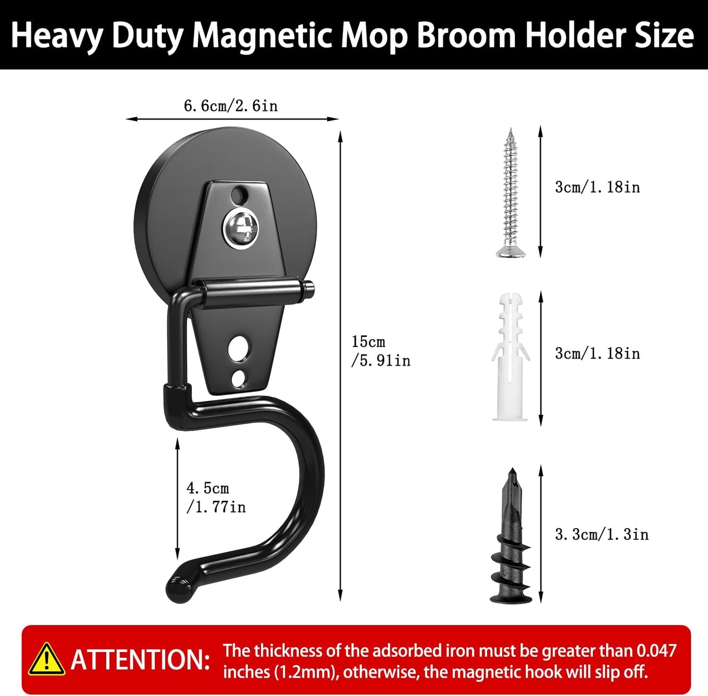 3-H Magnetic Mop Broom Holder and Mop Organizer 4 Pack, Heavy Duty Strong Utility Magnetic Tools Holde, Anti-Slip Strong Metal Garden Tool Rack for Garage, Laundry, Garden (Black)