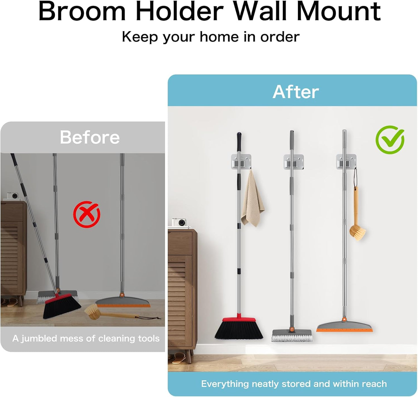 nacena Broom Holder Wall Mount, 4 Packs Silver Stainless Steel Mop and Broom Hanger with Hooks Heavy Duty Broom and Mop Organizer Wall Hanging for Bathroom, Kitchen
