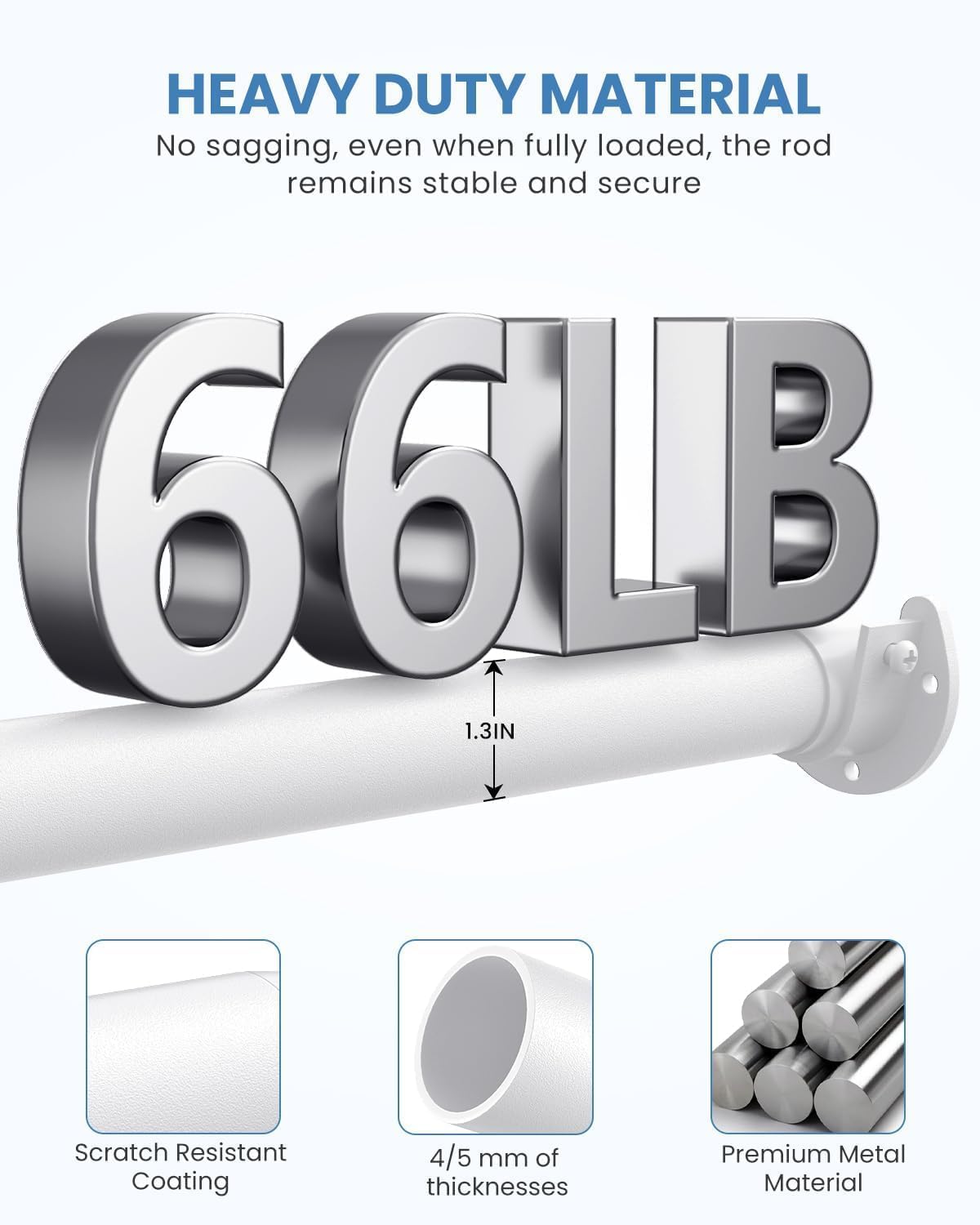 Closet Rods for Hanging Clothes, 17 to 69 Inches Stepless Adjustable Metal Closet Rod, 1.3 Inches Heavy Duty Clothes Hanging Rod for Closet Wardrobes Laundry RV, White