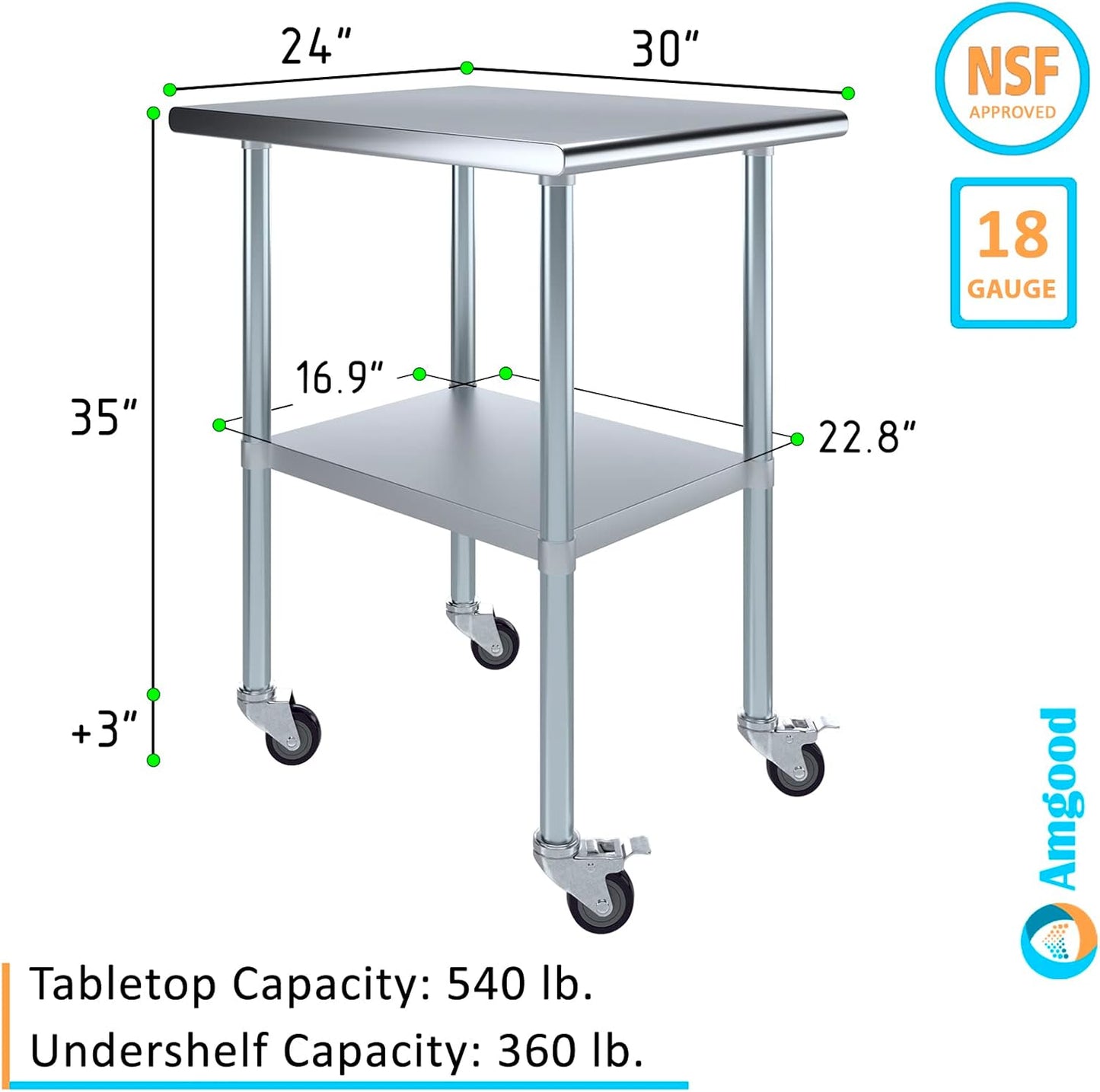 AmGood 30" x 24" Stainless Steel Work Table with Casters | Heavy Duty Metal Utility Table On Wheels | Kitchen Island Cart