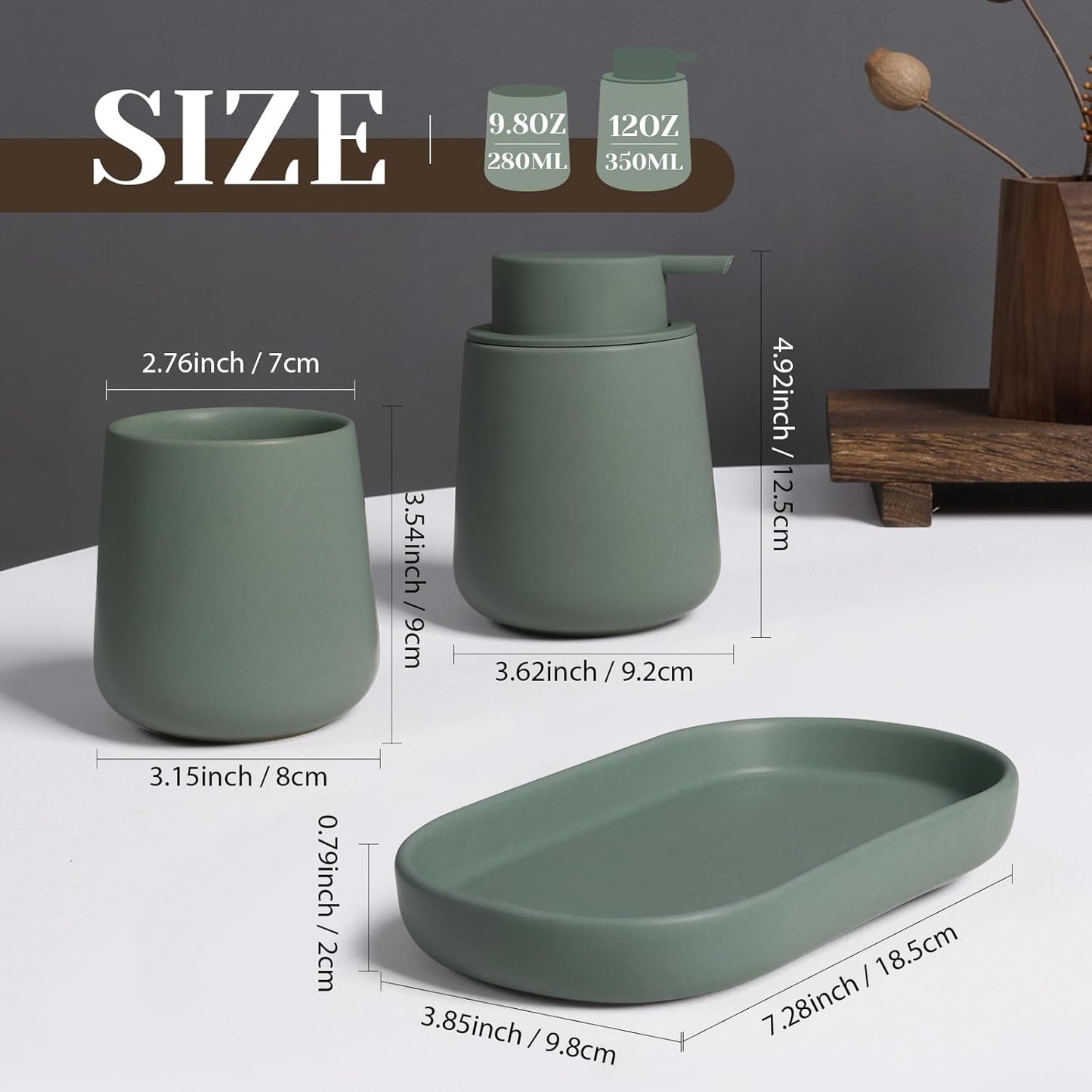 INGOFIN 3 Pcs Ceramic Bathroom Accessory Set - Liquid Soap Dispenser, Toothbrush Holder & Tray, Bathroom Counter Set, Countertop Essentials for Home, Guest Bathroom, or Office Use, Matte Green