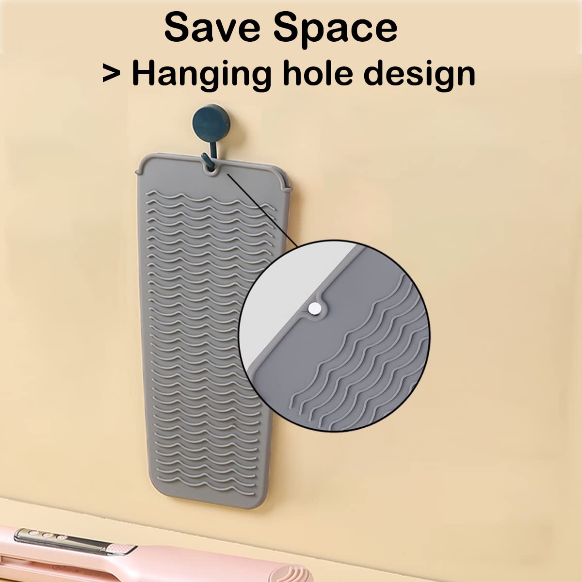 Heat Resistant Silicone Mat with Hanging Hole, Straightener Heat Resistant Travel Mat & Pouch for Curling Iron, Flat Iron and Other Hot Hair Styling Tools, 11 x 5 in, Gray