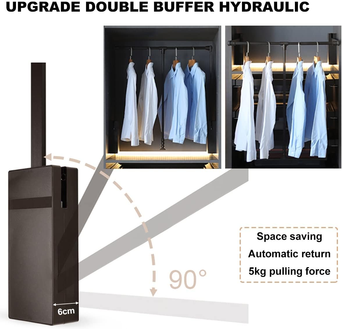 Pull Down Closet Rod for Hanging Clothes, Retractable Wardrobe Hanger for Cabinet Inside Width 26"~35", Aluminium alloy Tubing with Plastic Housing, 44 lb Weight Rating