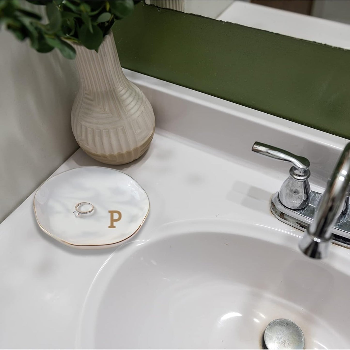 Initials Ring Dish Jewery Tray with Personalized P-Monogrammed Gifts Wedding Engagement for Women Friends Sister,Ceramic White