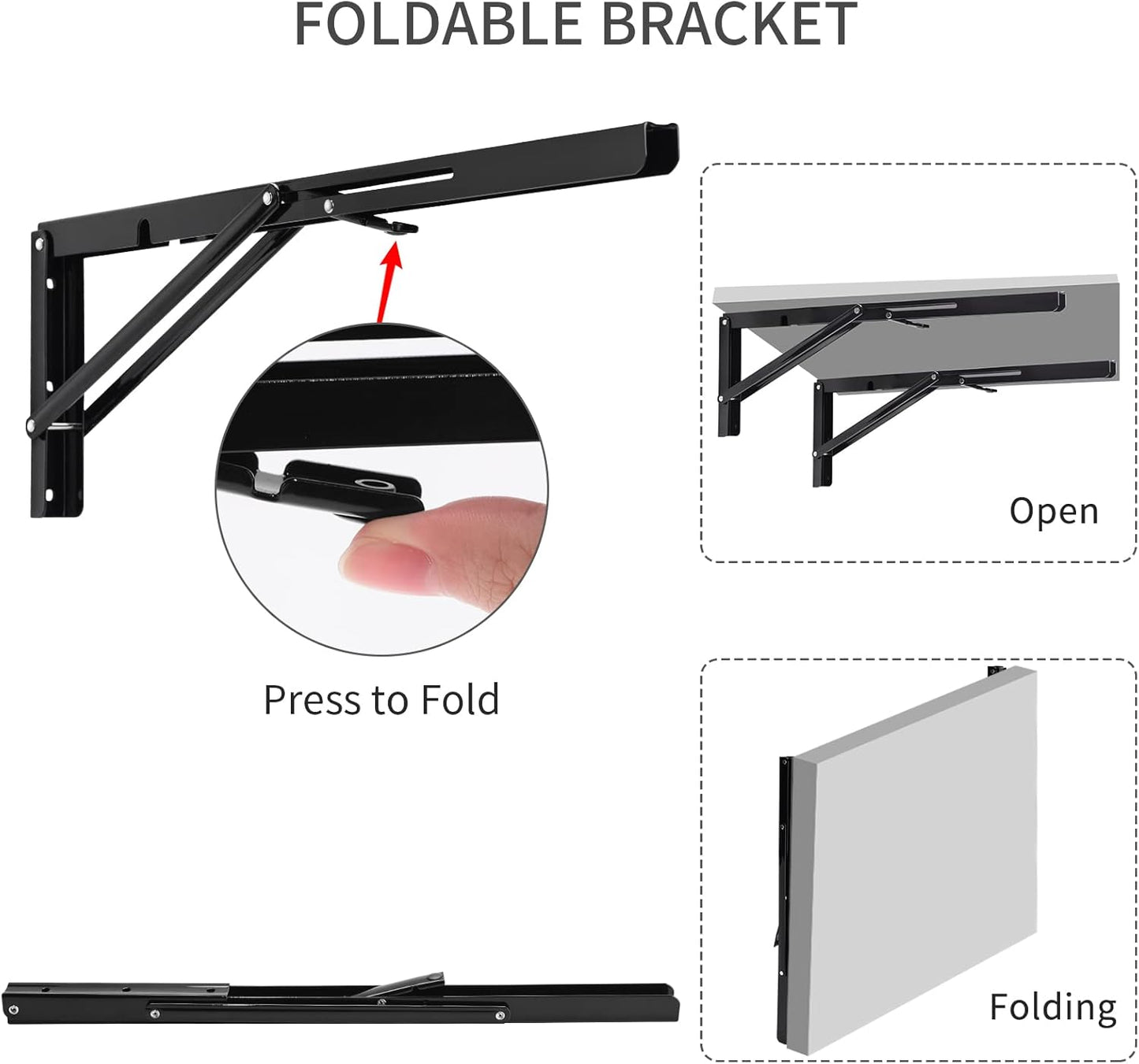 YUMORE Folding Shelf Brackets, 20 Inch Heavy Duty L Bracket, Black DIY Collapsible Shelf Bracket for Workbench Folding Table Hinge, Max Load: 330lb, Pack of 2