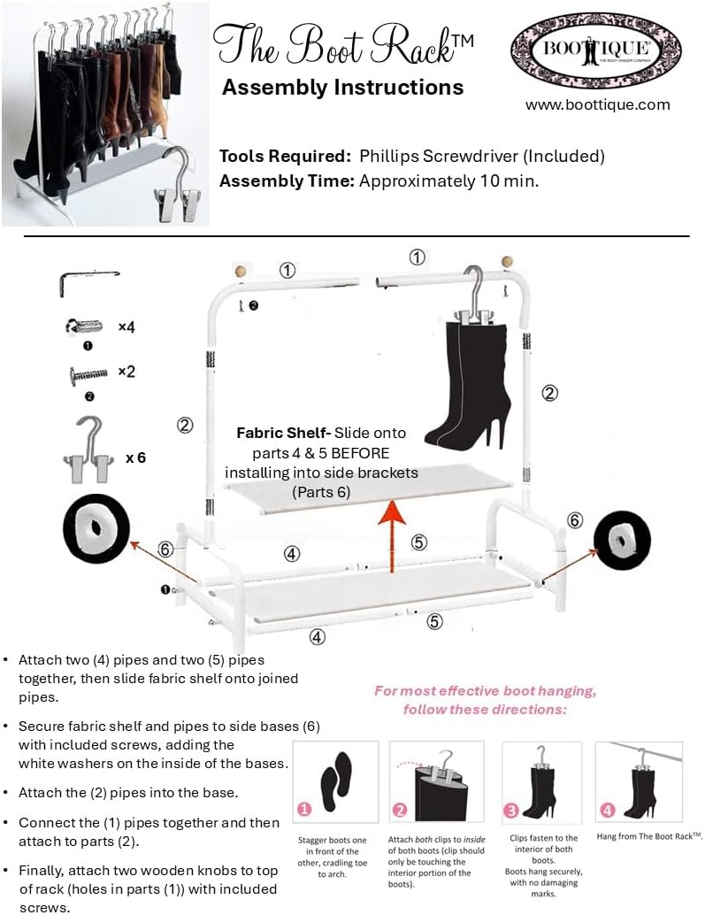 Boottique Boot Organizer: The Boot Rack - Fits in Most Closets- Hangs, Holds, Shapes, & Protects every size and style of Boots (Boot Rack with 6 Silver Gripz Hangers)