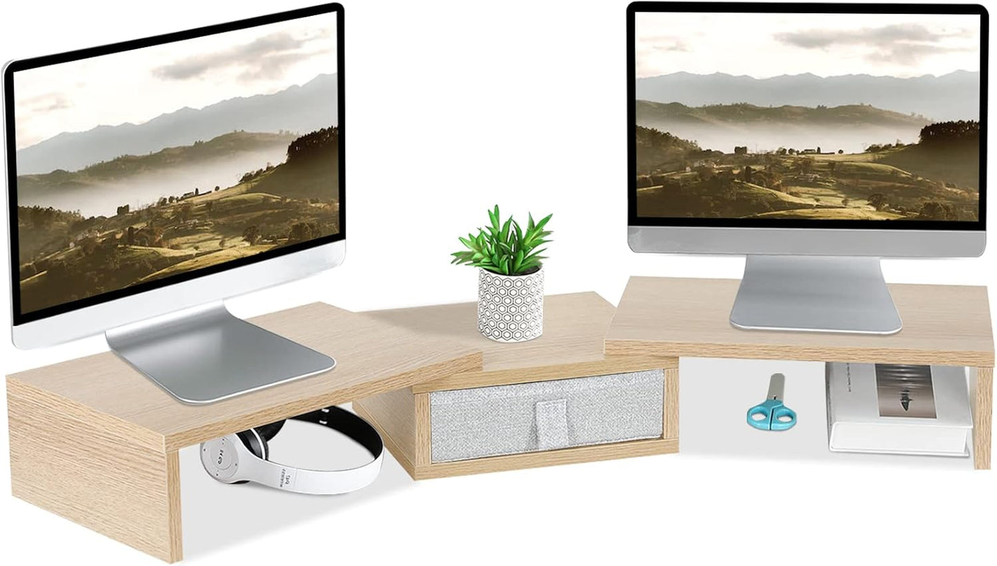 TEAMIX 3 Shelf Monitor Stand Riser with Drawer-Length and Angle Adjustable Dual Monitor Riser with Storage Corner Desk Shelf Organizer Large Computer Stand for 2 Monitors/Laptop (Maple, 1 Drawer)