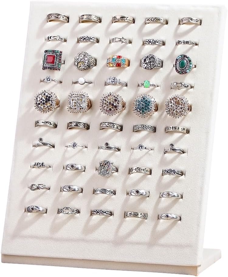 50 Slots Rings Display Stand, Ring Organizer Holder Stand for Selling, Ring Jewelry Pad Showcase Storage Tray for Home or Shop Sell Show (Beige 1PC)