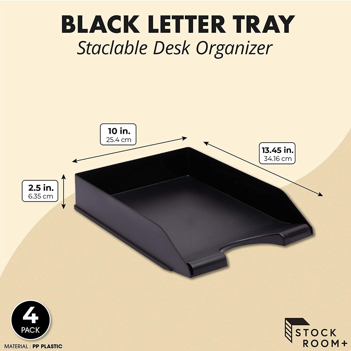 Stockroom Plus Letter Tray - Stackable Desk Organizer Trays - Desktop File Organizer - Mail & Document Storage - Pack of 4, Black, 10 x 13.5 x 2.5 in