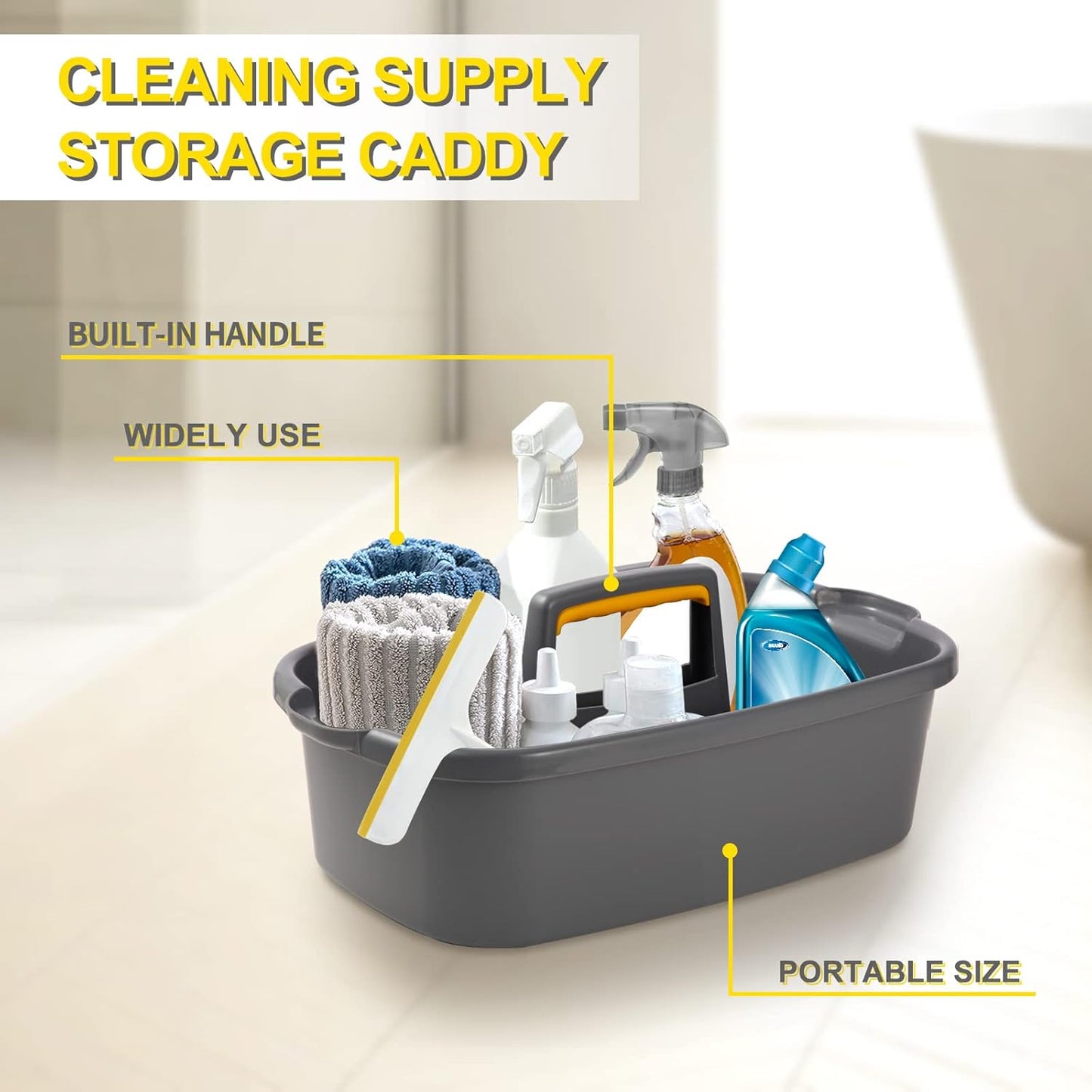 Cleaning Supplies Caddy Organizer with Handle Plastic Tool Storage Basket for Bathroom, Kitchen, Under Sink,2 Pack with 2Pack Microfiber Cleaning Cloths, Yellow