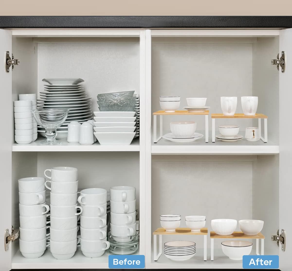 NEX Bamboo Kitchen Cabinet and Counter Shelf Organizer, Stackable & Expandable, Set of 4, White and Natural