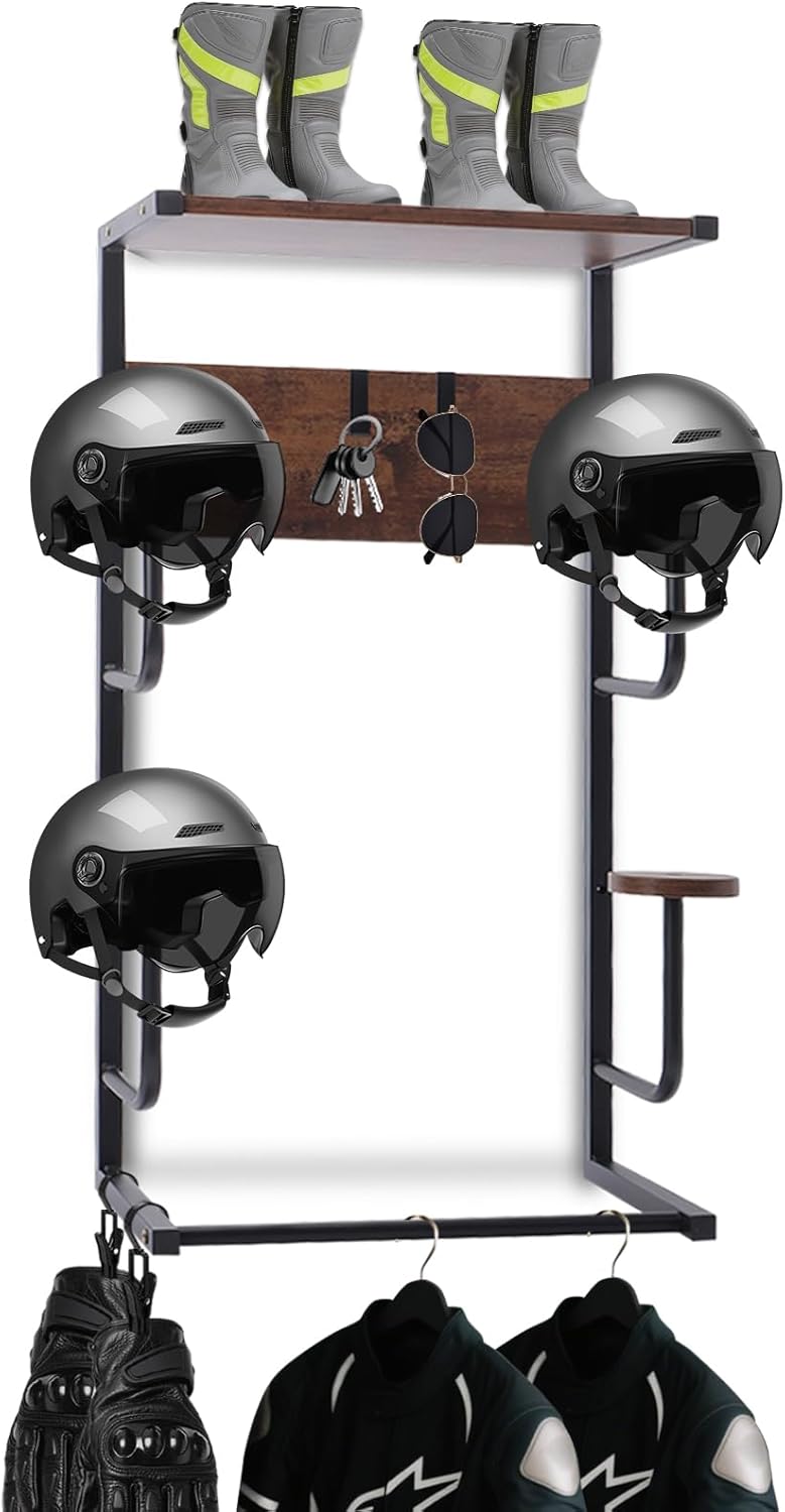 Motorcycle Helmet Holder, Durable Helmet Rack with Wooden Board, Helmet Wall Mount for Bike Accessories Storage, Vintage Black Finish for Garage Organization
