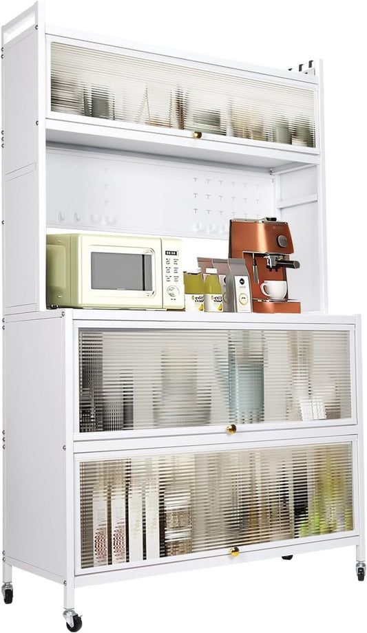 Mobile Kitchen Storage Cart with Wheels,Wheeled Multi-Layer Floor Storage Cabinet with Locker Hole Board Freestanding Storage Cabinet Rust Proof Microwave Oven Pot Oven Rack