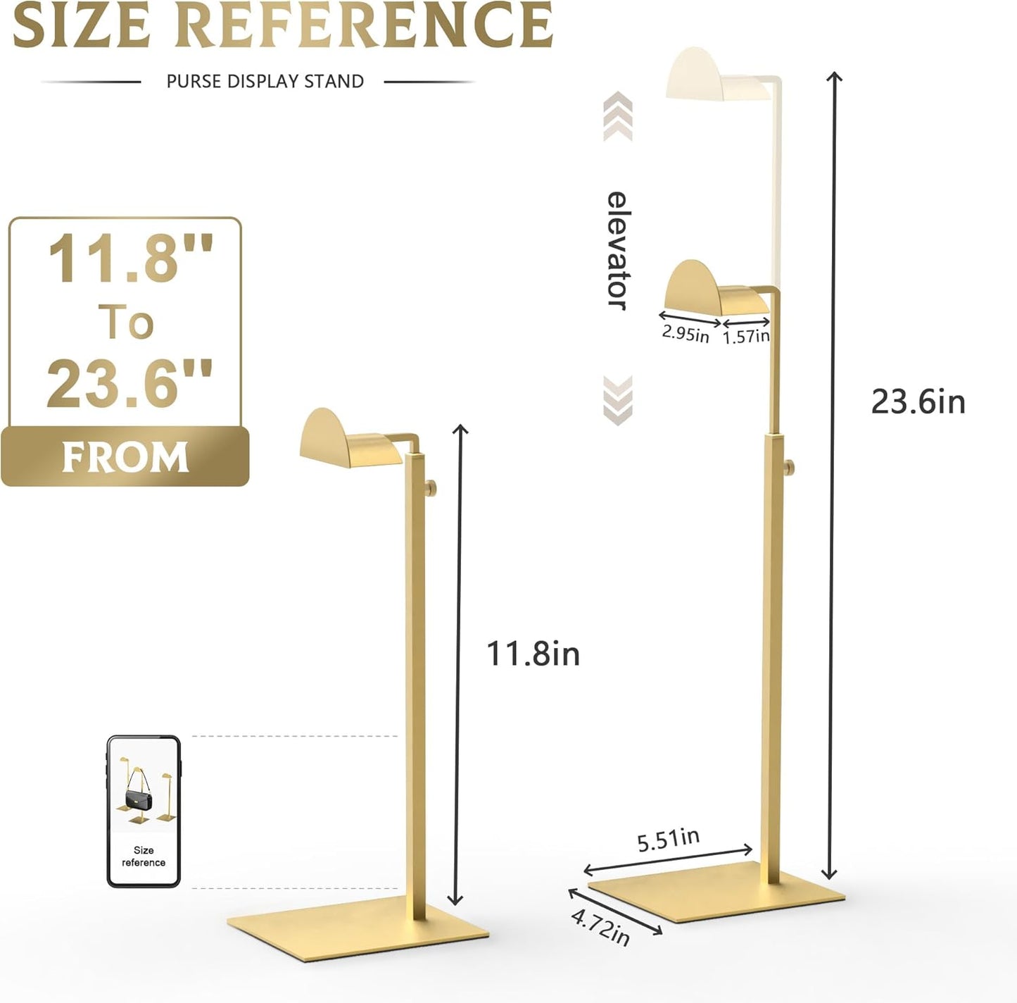 Purse Display Stand Adjustable Height Gold Purse Rack for Handbags Necklaces Scarves Hats & Headphones 14" - 24" Purse Hanger Shelf for Retail Display