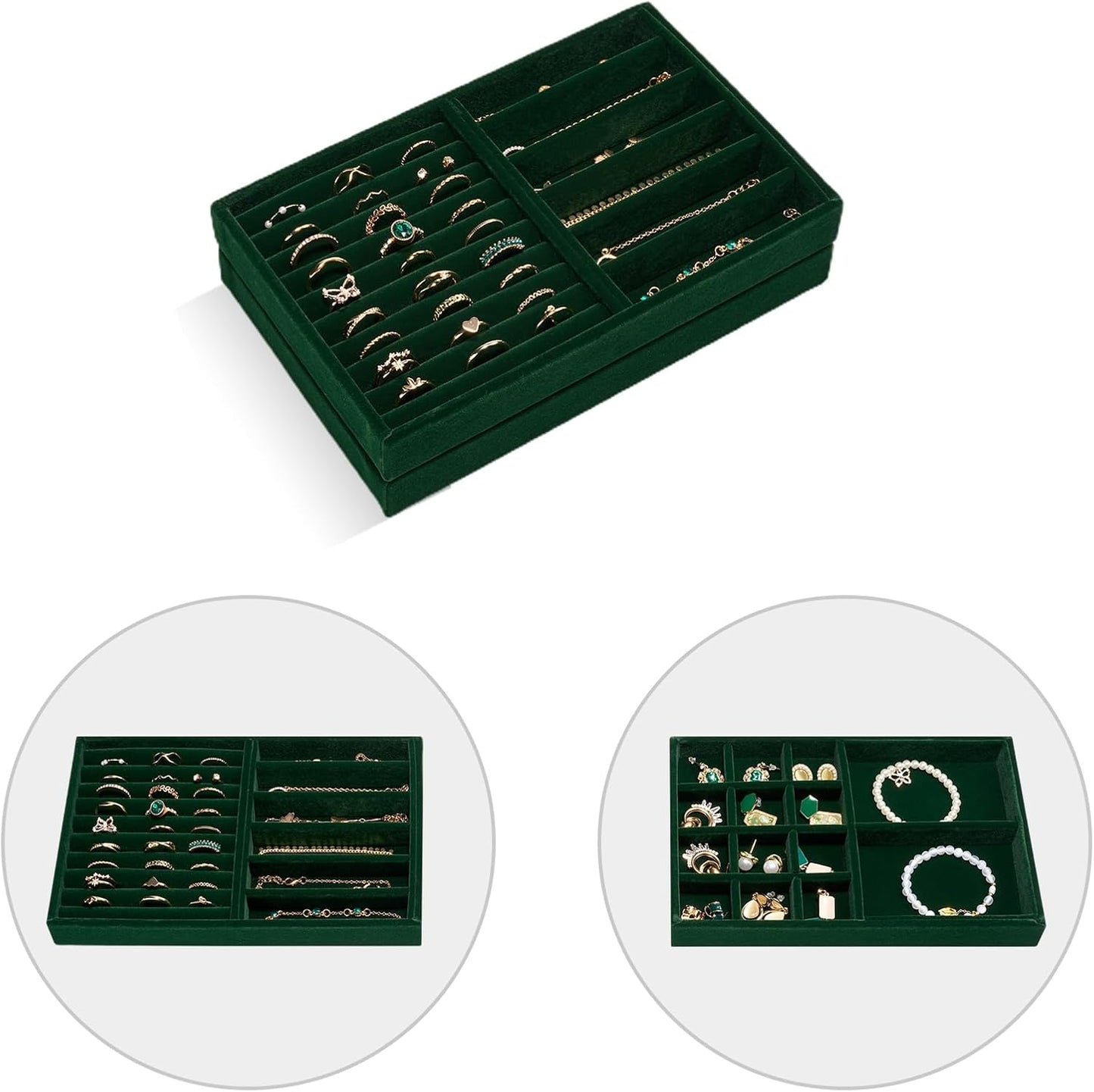 ProCase Stackable Jewelry Organizer Trays for Drawers, Jewelry Drawer Inserts Container Display Case Storage for Earring Necklace Rings Bracelet with Removable Dividers -Green, 2 Layers
