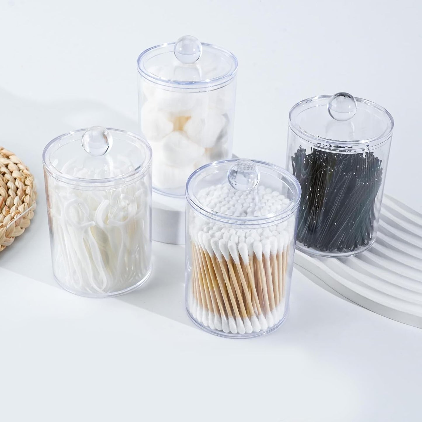 6 Pack Qtip Holder,Canister Apothecary Jar Set, Bathroom Jars with Lids Set for Cotton Swabs, Balls, Pads, Floss Picks,10oz-12oz Plastic Canisters Restroom Bedroom Vanity Organizer(Clear)