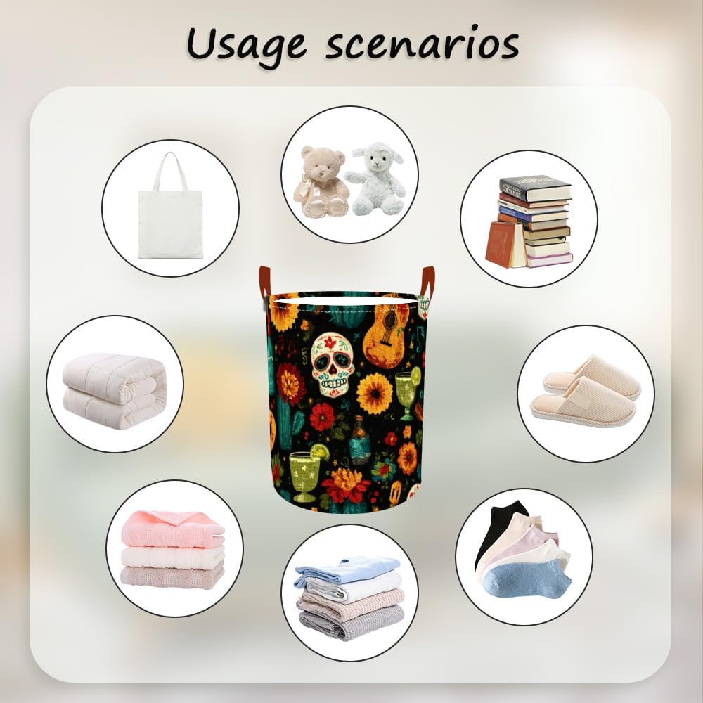 Laundry Baskets 15.7x19.7 Inch Day of the Dead Skull Guitar Cocktail Design Collapsible Laundry Hamper with Handles Oxford Fabric Clothes Storage Bin Foldable Dirty Clothes for Bedroom Bathroom