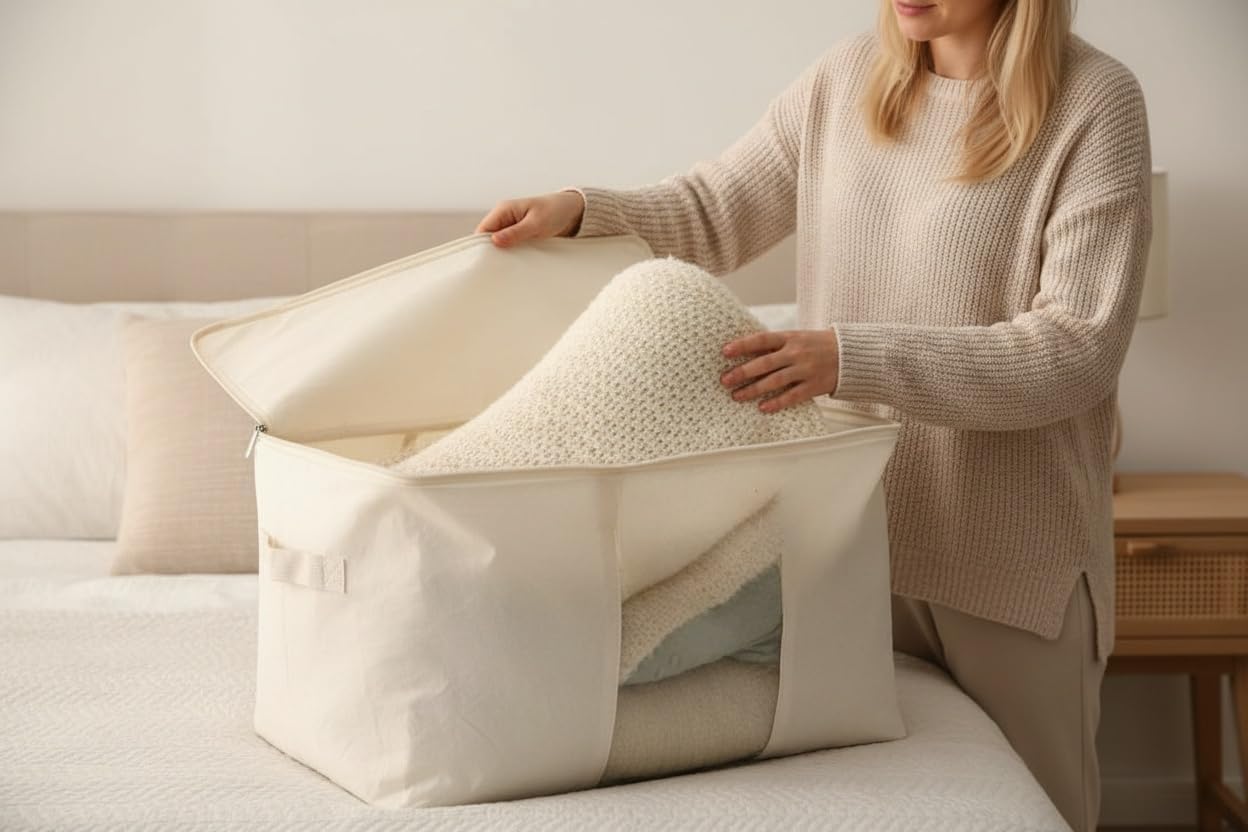 Soft Canvas Clothes Storage Bags with Four Carrying Handles and Clear Window, Closet Organizer for Clothing, Blankets Sheets Pillows and Bedding, 55L, 2 Pack, White