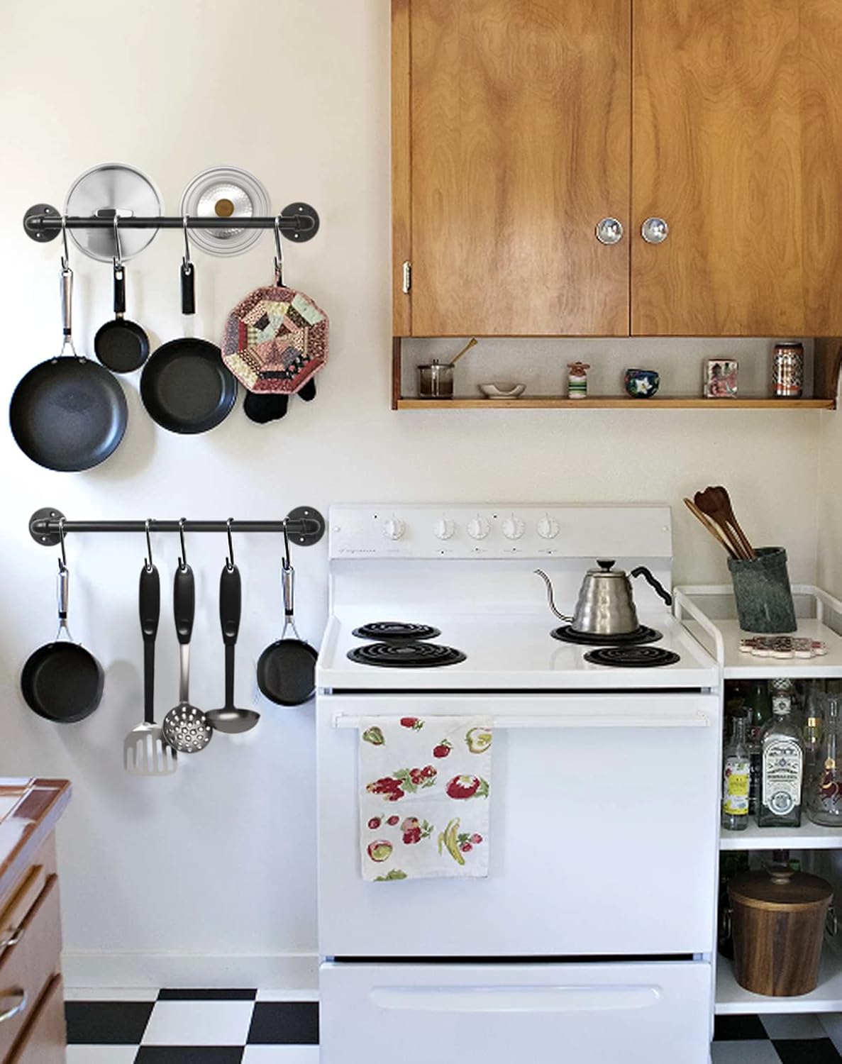 Industrial Pipe Pot Pan Rack 21" (2 Pack), Wall mount Pot hangers Pan Hanging Rail Lid Hanger for kitchen with 10 S Hooks