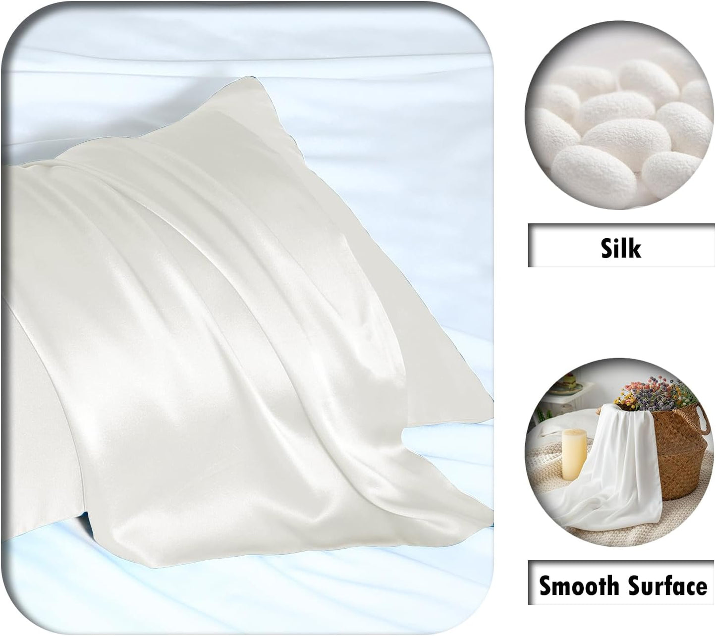 Mulberry Silk Pillow Cases for Hair and Skin King Size Silk Pillowcase with Zipper Soft Breathable Smooth Cooling Satin Silk Pillow Covers for Sleeping (Ivory,20"X 36",1Pcs)