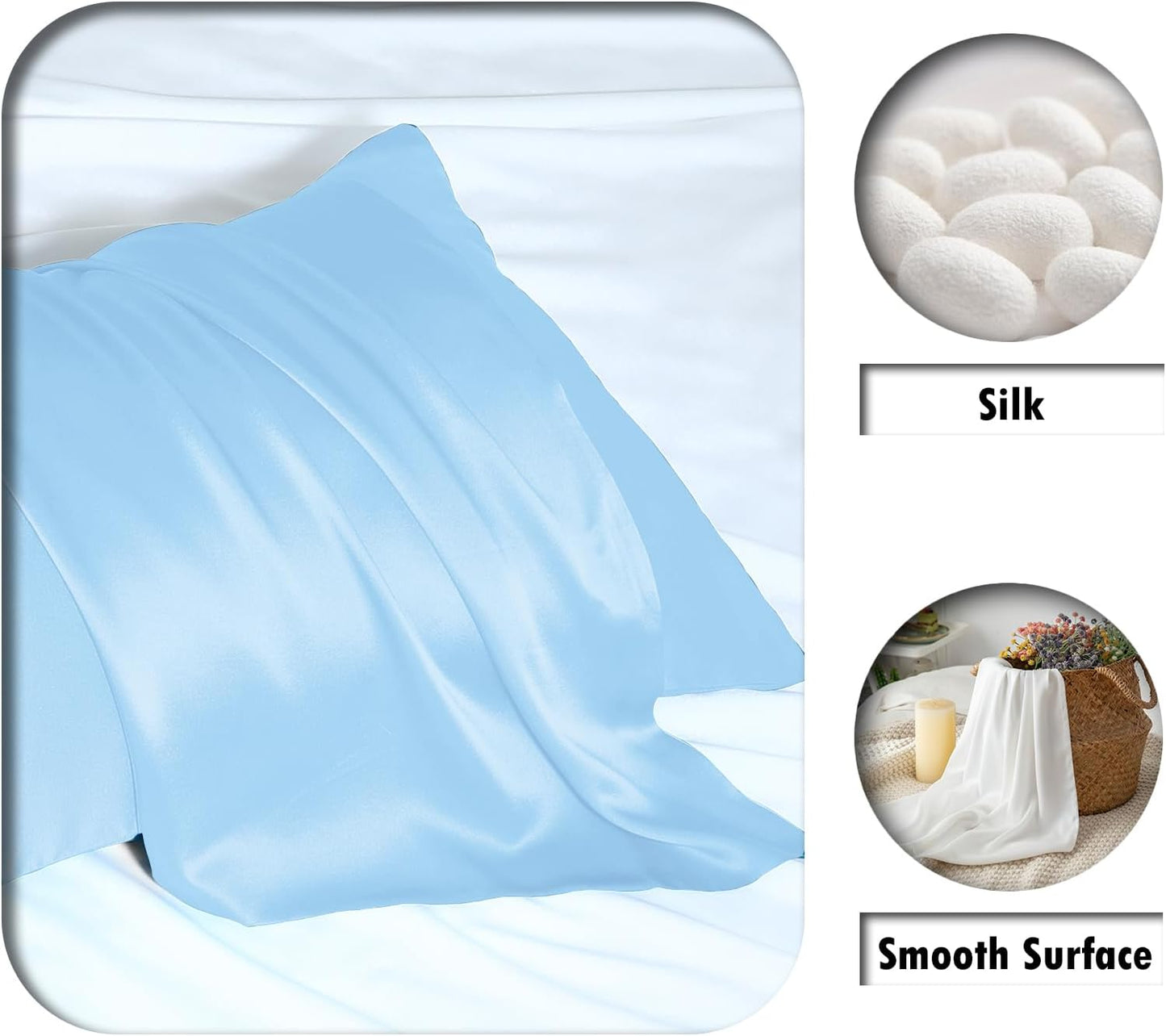 Mulberry Silk Pillow Cases for Hair and Skin Queen Size Silk Pillowcase with Zipper Soft Breathable Smooth Cooling Satin Silk Pillow Covers for Sleeping (Sky Blue,20"X 30",1Pcs)