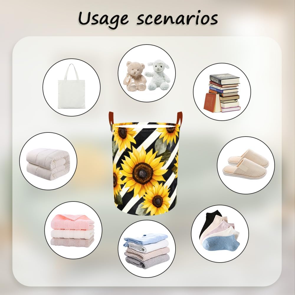 Laundry Baskets 15.7x19.7 Inch Large Sunflower Striped Design Collapsible Laundry Hamper with Handles Oxford Fabric Clothes Storage Bin Foldable Dirty Clothes Organizer for Bedroom Bathroom Dorm