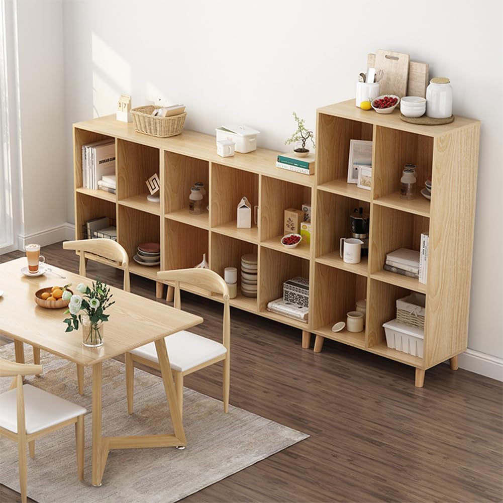 IOTXY Open Cube Low Bookcase - 3-Tier Freestanding Storage Display Cabinet Organizer with Legs for Home Office, 7-Cubes Open Shelf Short Bookshelf, Oak