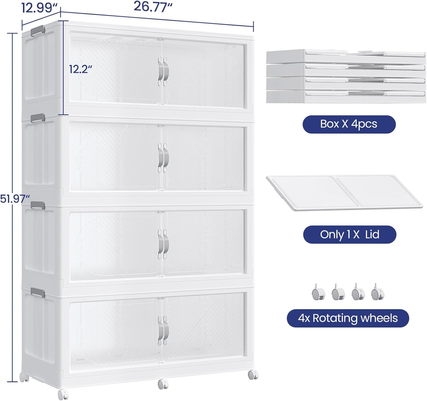 480QT Extra Large Stackable Storage Bins with Lid & Wheels & Doors, 120Gal Foldable Collapsible Closet Organizers, Plastic Cabinet Box Container Drawer for Home Kitchen Bedroom, 4Pack White