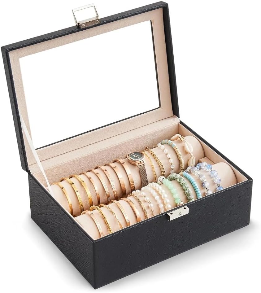 Delicate Jewelry Storage Box with Lock and Two Rolls Clear Lid Display Holder for Bracelet Watch Bangle Gift 10 * 7 * 3.7 Inches