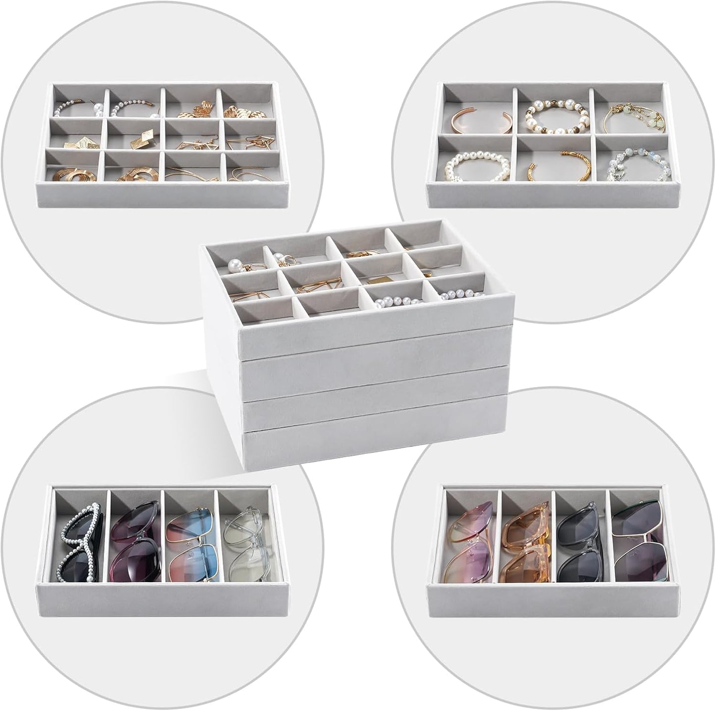 ProCase Stackable Jewelry Organizer Trays for Drawers, Jewelry Drawer Inserts Container Display Case Storage for Earring Necklace Ring Bracelet Sunglasses Glass -Grey, 4 Layers