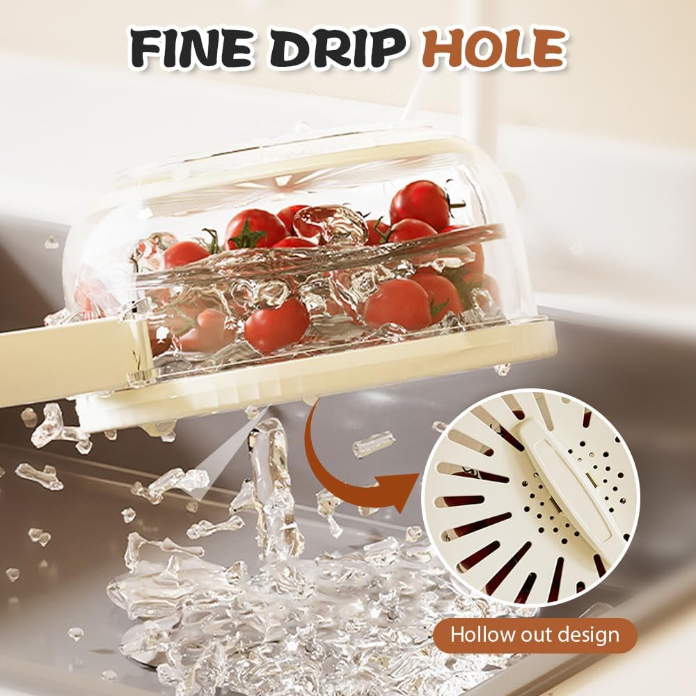 Multi-Functional Fruit and Vegetable Washing Bowl, Fruit Strainer Container with Lid, 2 In 1 Sealed Drainer Basket, Drainer and Freshness Basket, Kitchen Tool with Foldable Handle (Brown+White)
