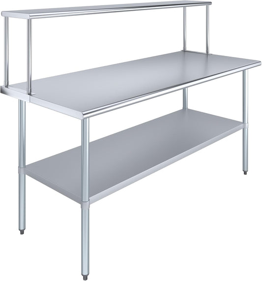 Stainless Steel Work Table with Wide Single Tier Overshelf | Metal Kitchen Prep Table & Shelving Combo (30" x 72" Work Table + 12" Overshelf)