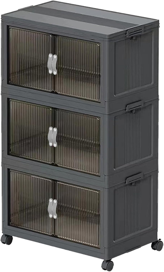 Stackable Storage Bins, Plastic Storage Bins with Lid and Wheels, Collapsible Storage Containers with Magnetic Doors, Foldable Storage Boxes for Home, Pantry, Office (M, Gray 3-Tier)