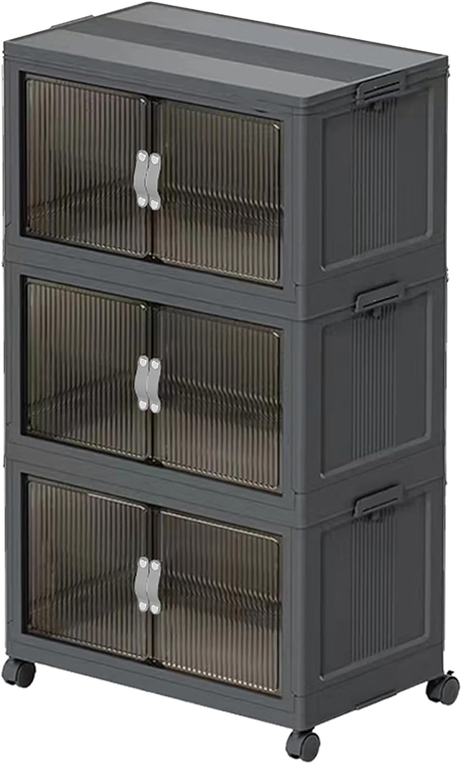Stackable Storage Bins, Plastic Closet Organizer Folding Container with Lid & Wheel, Collapsible Storage Cabinet with Door, Foldable Storage Boxes for Home, Pantry, Office (L, Gray 3-Tier)