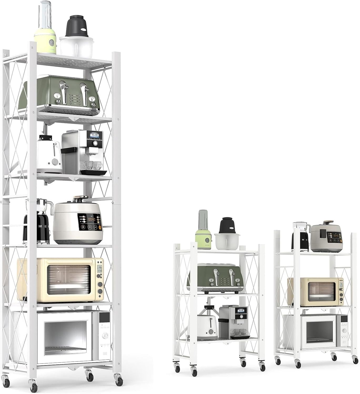 6-Tier Foldable Storage Shelves with Wheels, Folding Metal Shelf Unit, Folding Bookshelf no Assembly, Collapsible Shelves for Craft Shows for Kitchen, Bedroom, Living Room, White
