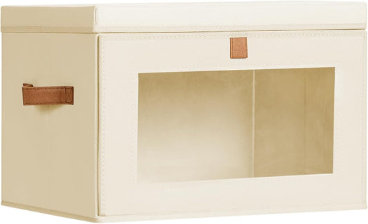 Large Closet Storage Bins - Collapsible Storage Bins with Handles & Window, Decorative Boxes with Lids, Fabric Cubes for Living Room, Dorm, 1 Pack, Beige