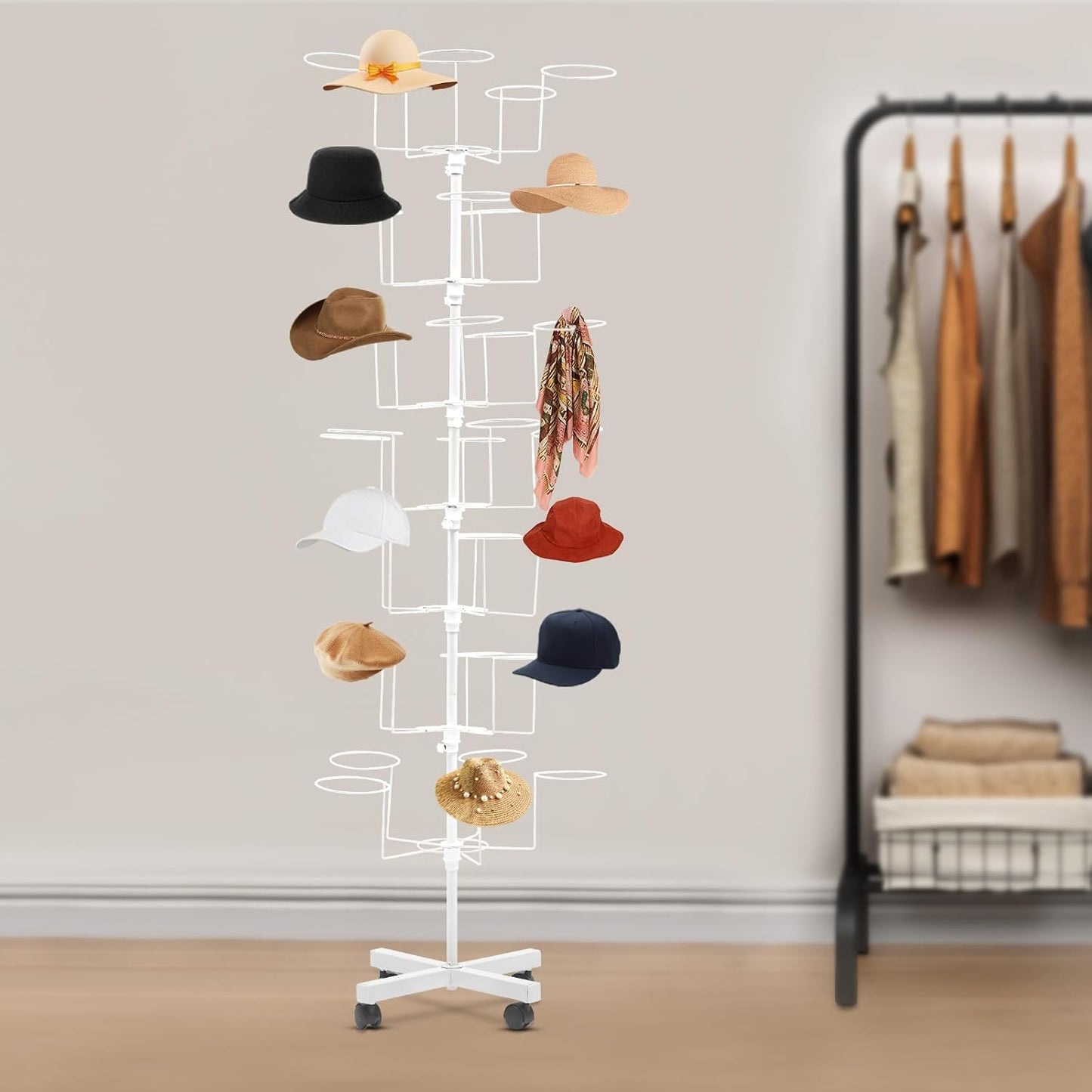 7-Tier Rotating Iron Hat Rack with Wheels & Brakes, Heavy Duty 35-Hat Organizer for Home/Store, Black Modern Free Standing Wig Display Stand, 11lbs Capacity (White)