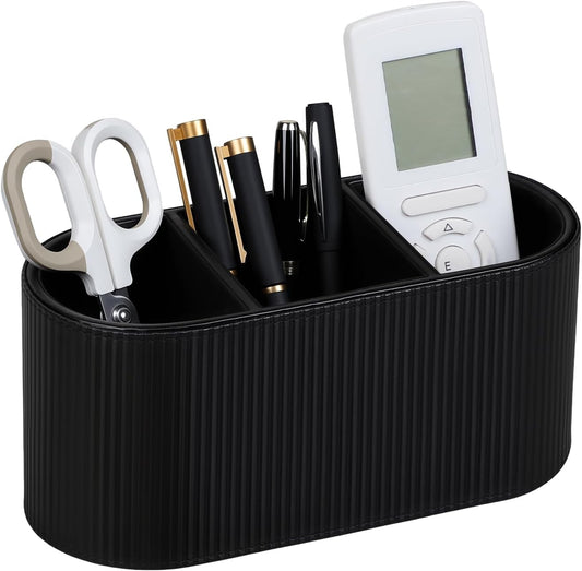 Aesthetic Remote Control Holder, PU Leather Pen Holder for Desk with 3 Compartments for Home Office Supplies and Accessories, Stylish Bedside Remote Holder Nightstand Desktop Organizer (Black)