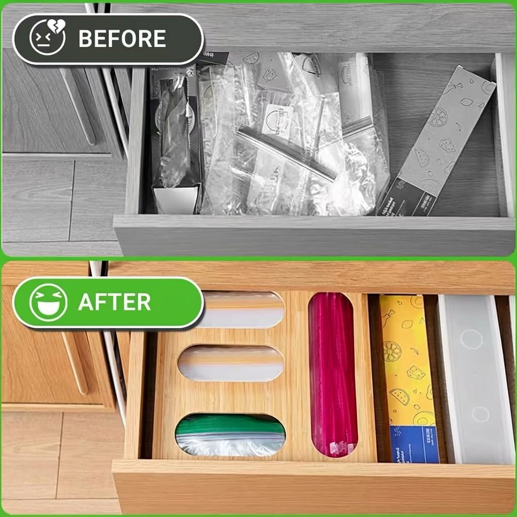 Storage Bag Organizer, Bamboo Ziplock Holder Baggie Organizer for Drawer and Wall Mount, Compatible with Gallon, Quart, Sandwich, Snack,DessertSize Bag (1)
