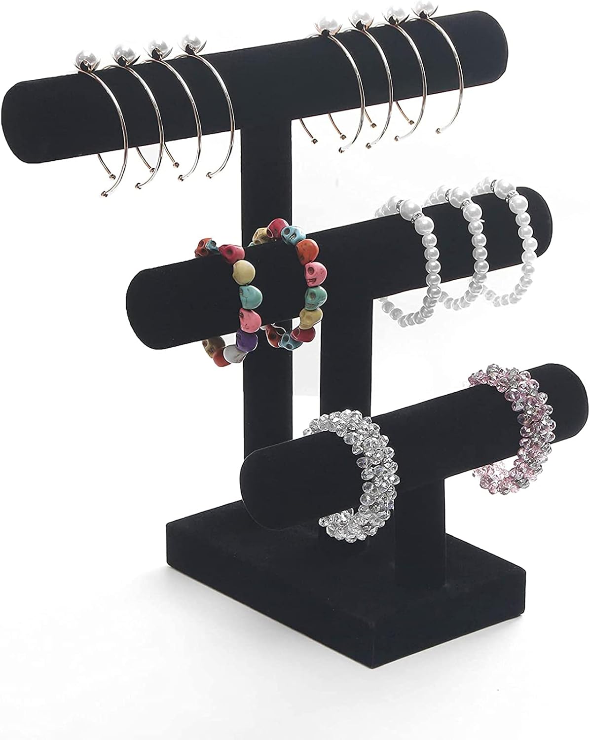 Wuligirl 3 Tier Bracelet Holder T-Bar Jewelry Stand Velvet Jewelry Holder Jewelry Display Bangle Organizer Storage Holder Velvet Black (3T Bar)