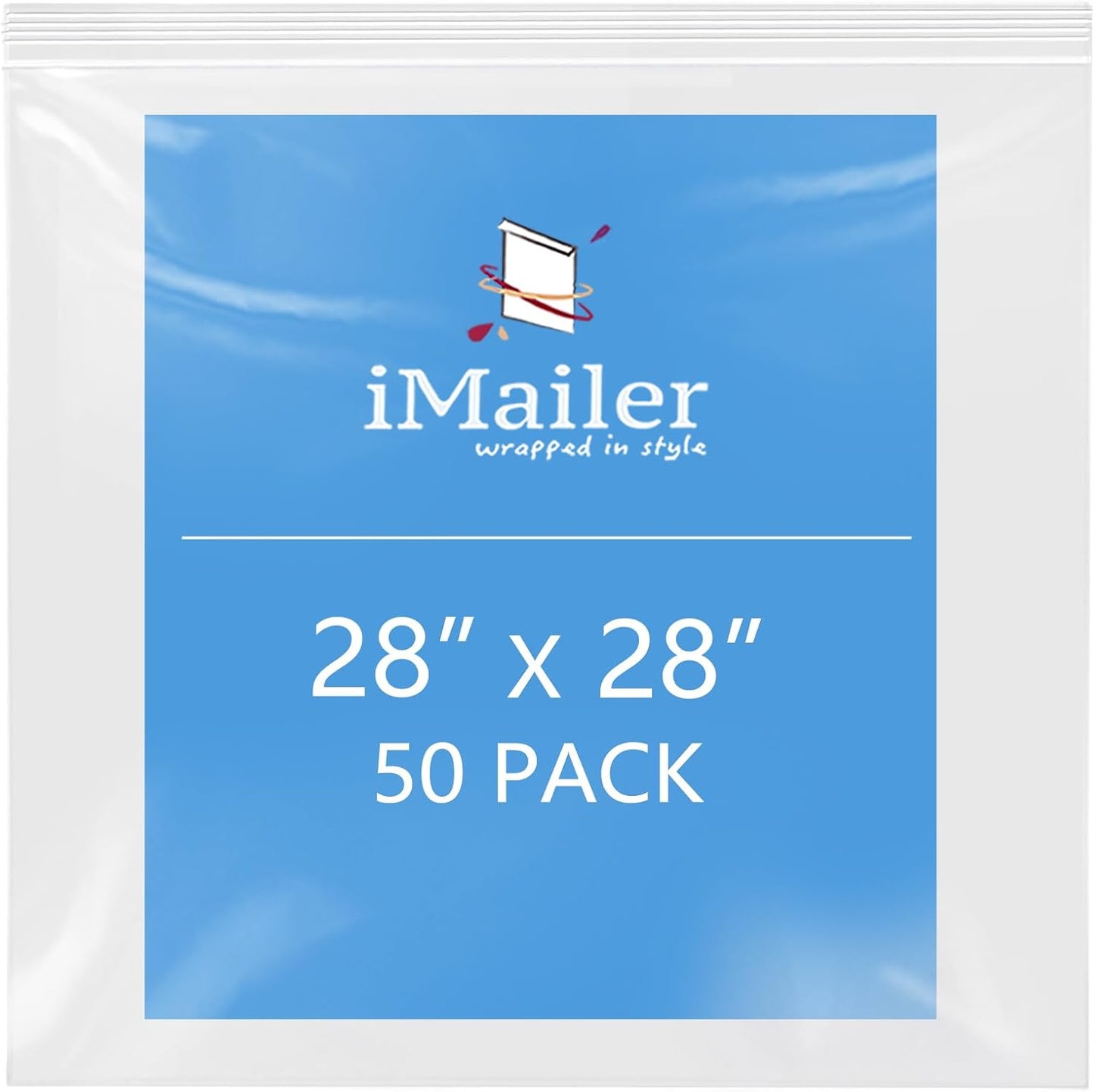 iMailer- 28" x 28" 50 Pack- 2 Mil Resealable Zip Bags- Clear Plastic Bags with Zip Top Lock for Storage, Organizing, Crafts, Travel