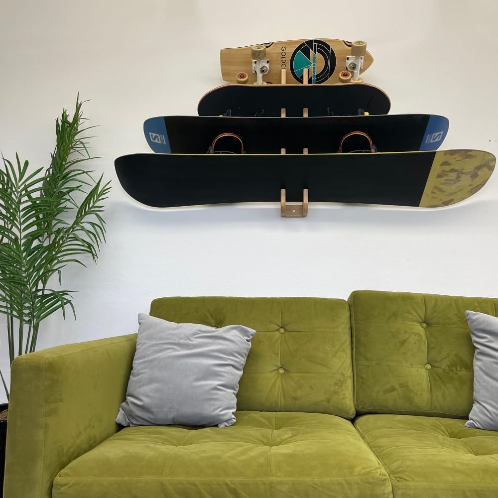 COR Surf Skateboard & Snowboard Wall Mount Display - 4 Board Indoor Rack Made with Sustainable Bamboo
