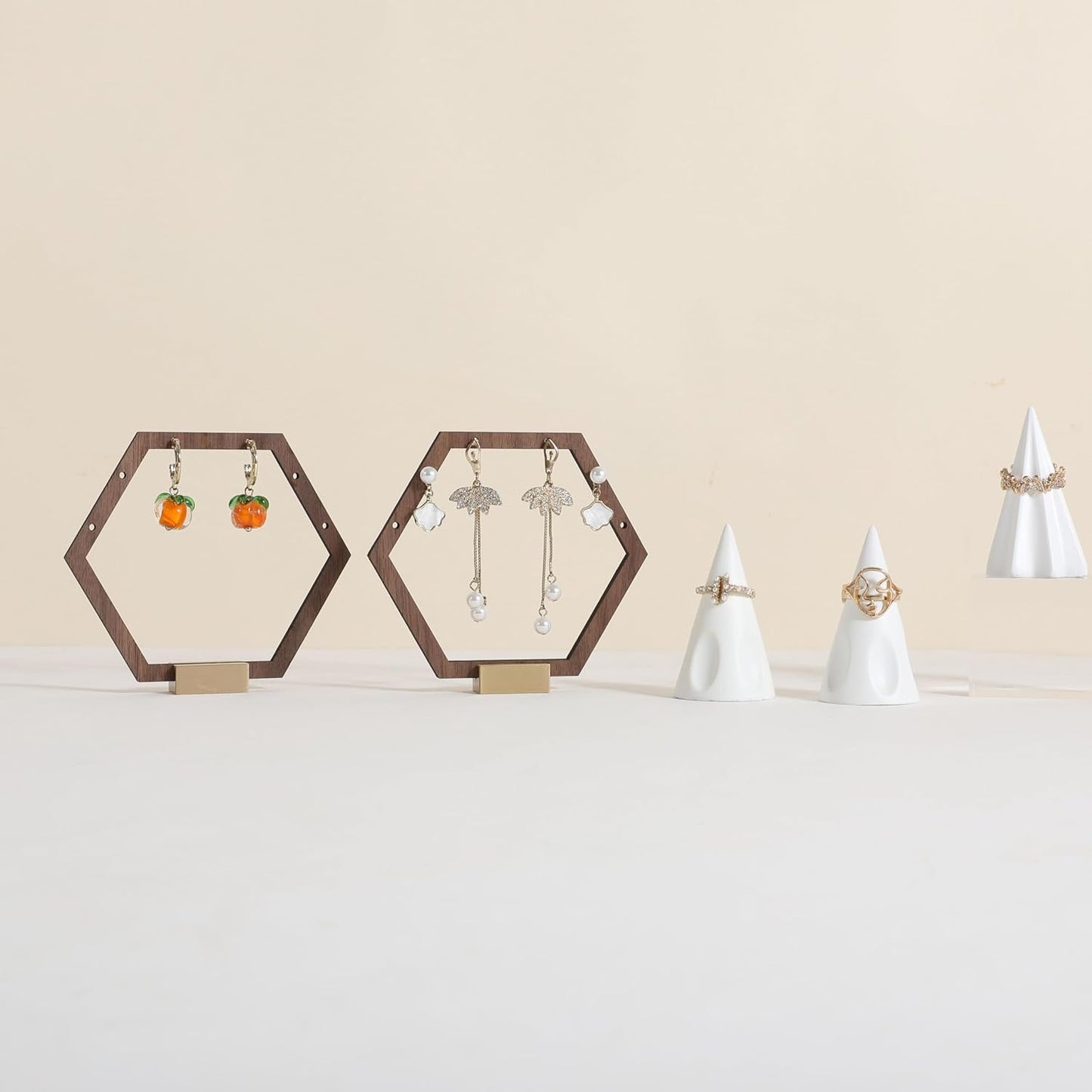 GemeShou 3pcs Wooden stud earring organizer holder, walnut earring hangers with brass base, Small Cute earring display for selling with 9 holes for each【Hexagon frame-3pcs】