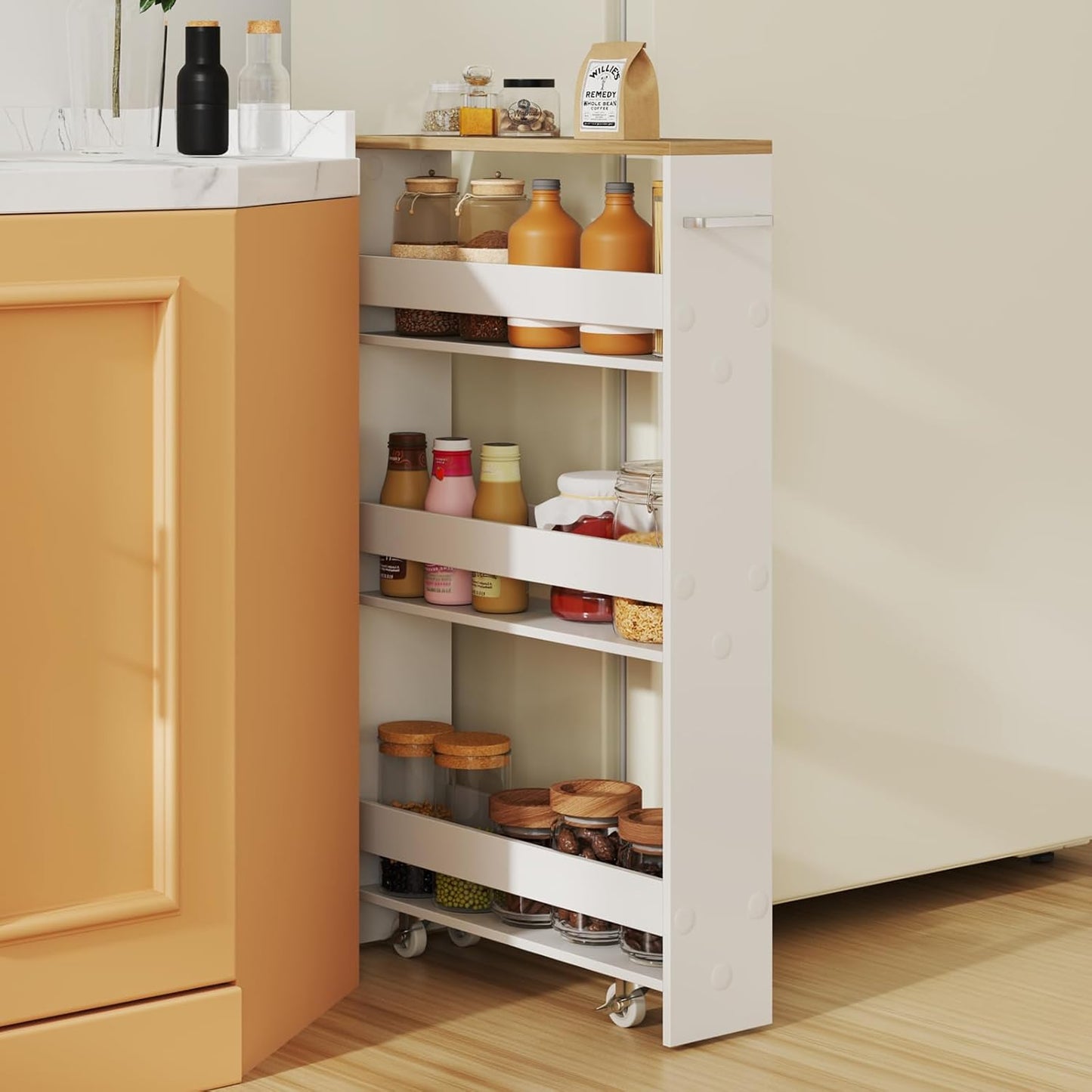 Slim Rolling Storage Cart, 4 Tier Narrow Kitchen Cart with Wheels, Between Washer and Dryer Cart, Wood Shelving Unit Organizer w/Handle for Small Spaces (White & Natural, 5-Inch)