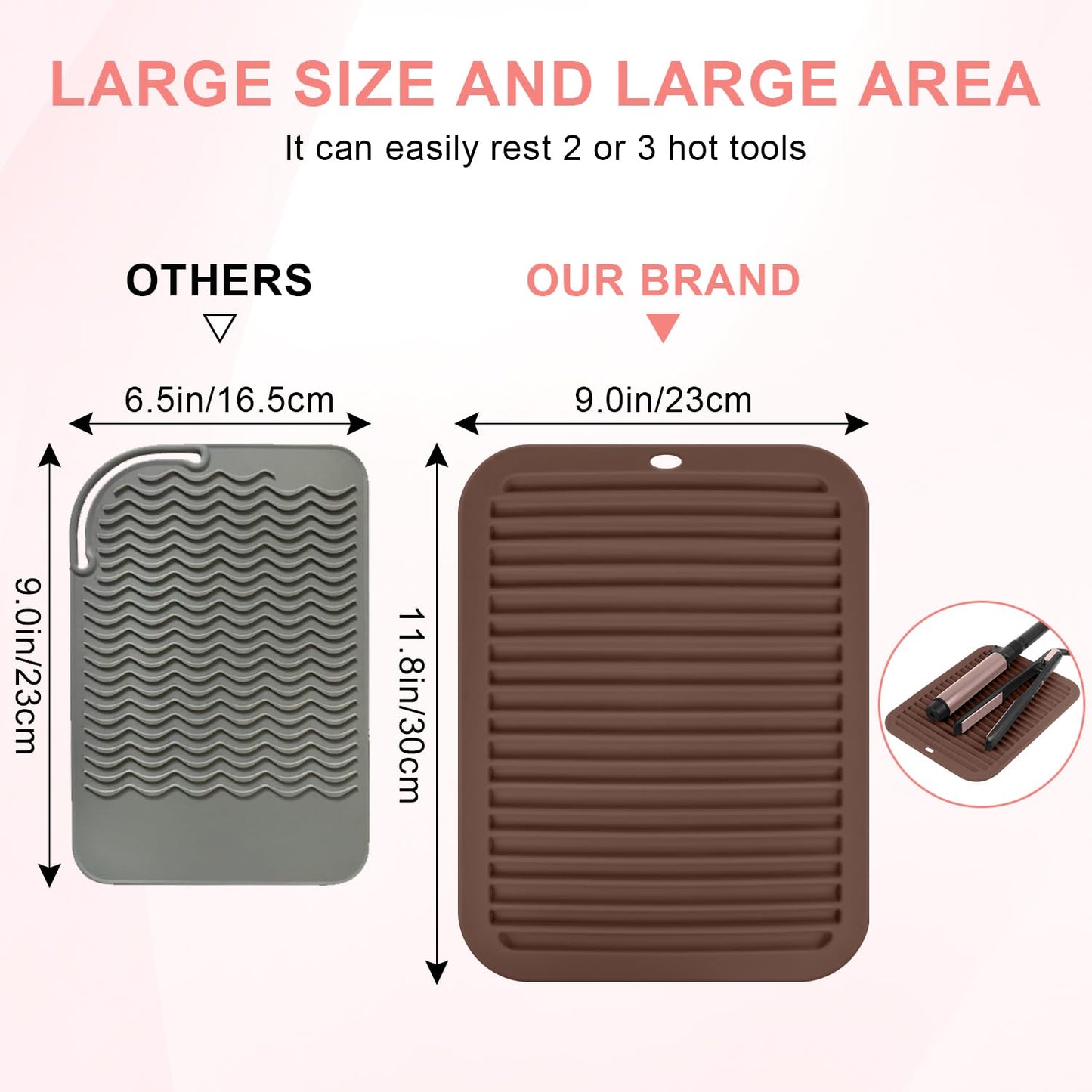 Large Silicone Heat Resistant Mat, Professional Hot Hair Tools Mat for Curling Iron, Flat Iron, Hair Straightener, Portable Hot Pad Cover with Velcro for Travel Home Salon(11.8" x 9.0")
