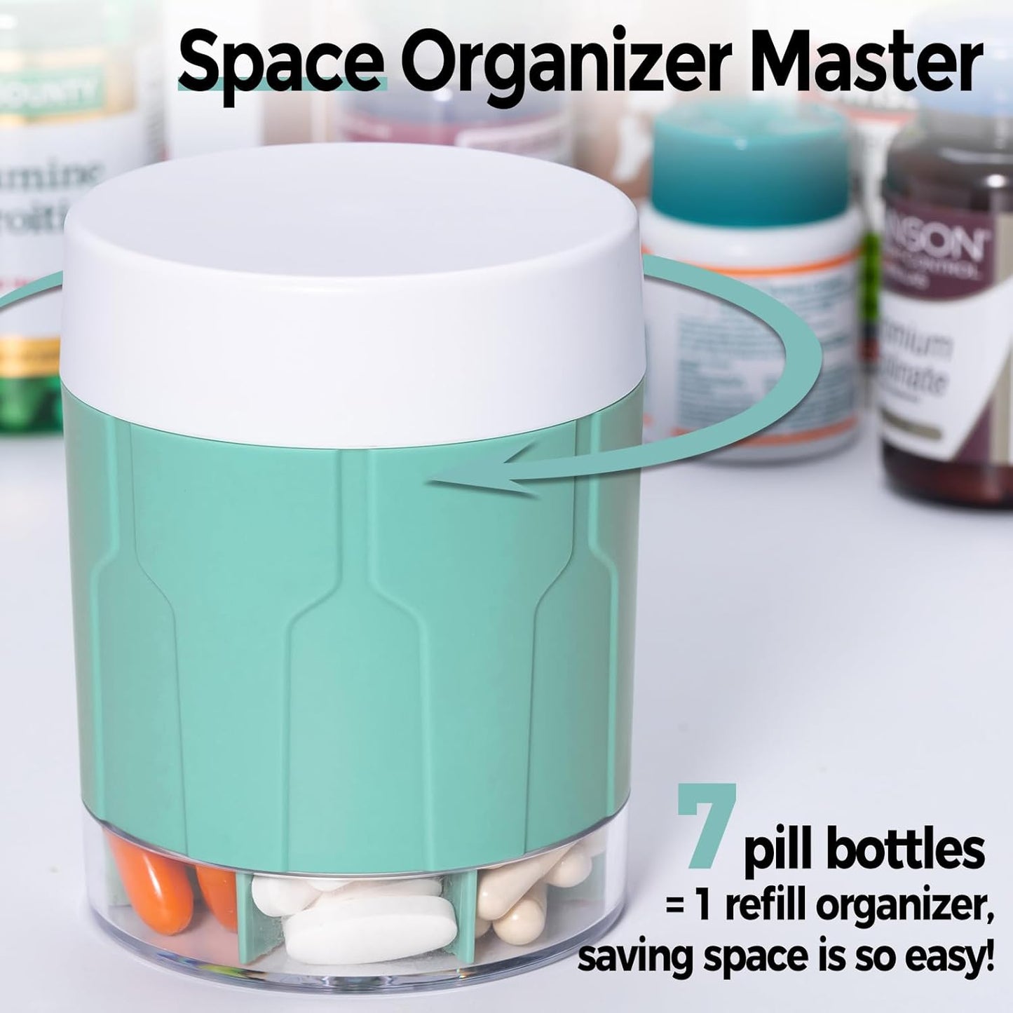 Betife Extra Large Supplement Organizer,Weekly Pill Organizer Bottle, Daily Pill Dispenser with 7 Large Compartments, Organizer to Hold 7 Day Vitamin Medication,21 Labels and a Cleaning Brush(Cyan)