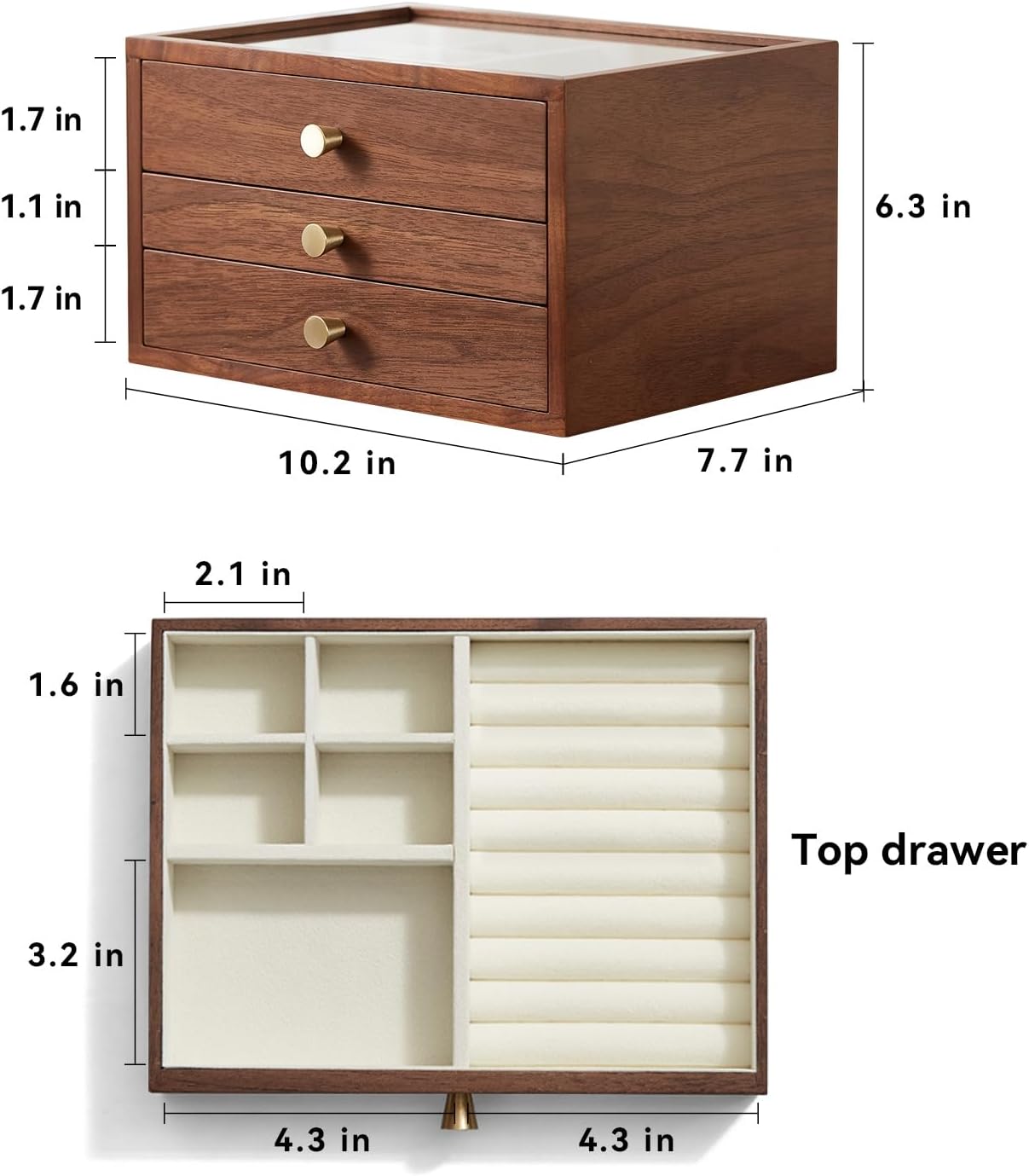 CHOSIN Black Walnut Wooden Jewelry Box for Women, 3-Layer Wood Jewelry Organizer with Glass Lid for Watches, Necklaces, Rings & Earrings Storage Christmas Gifts