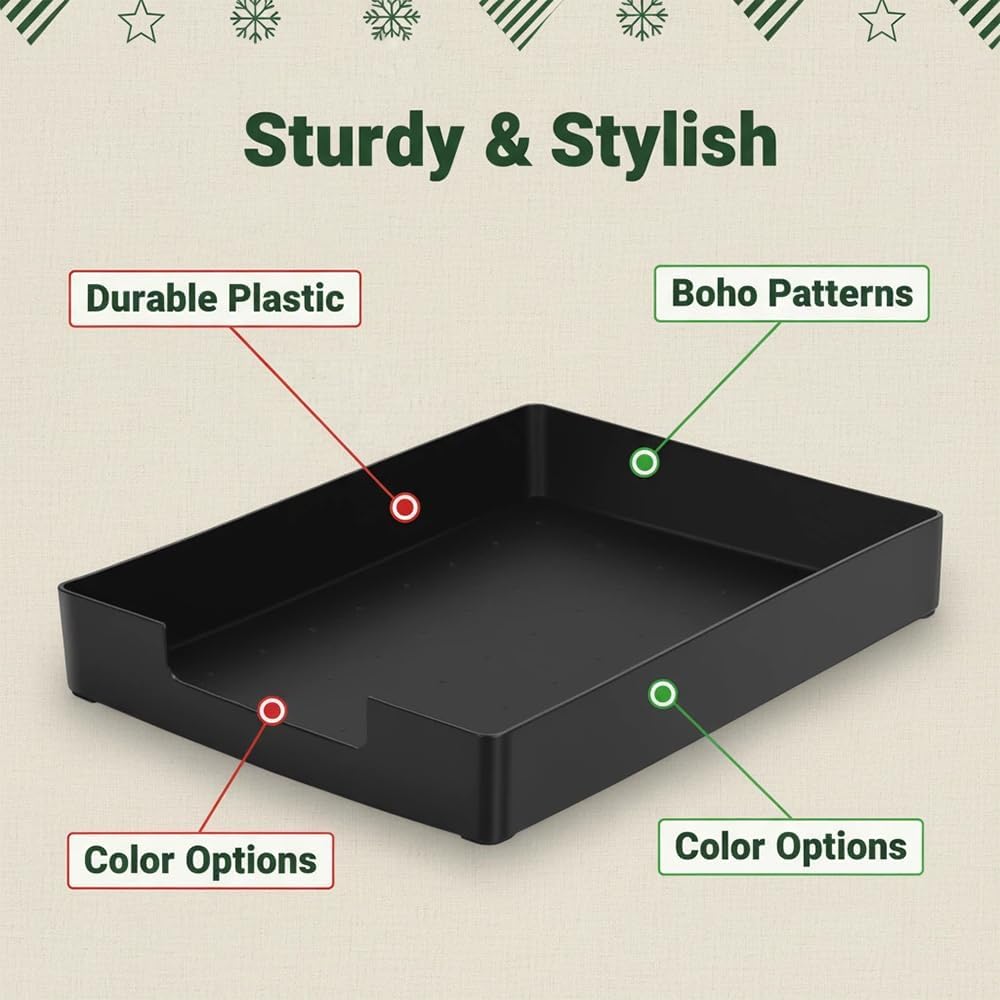 Letter-Size Tray, 2PCS Desk Drawer Organizer, A4 Stackable Plastic Paper Tray for Office, School, Home Storage and Holiday Party Organizer for Christmas Ornament Decorations (2X Black)